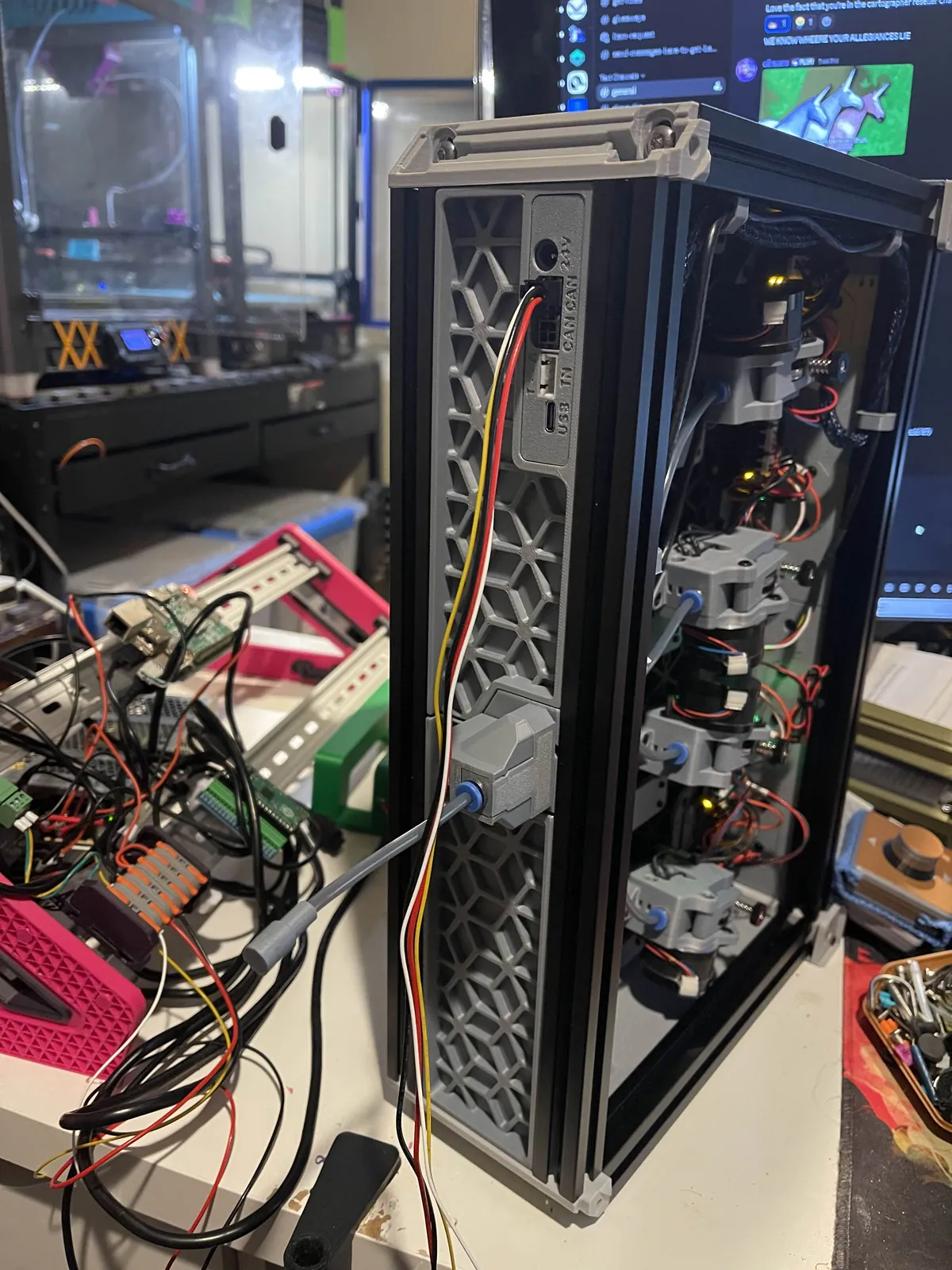 An early open-frame view shows the lane hardware and wiring before the covers went on.