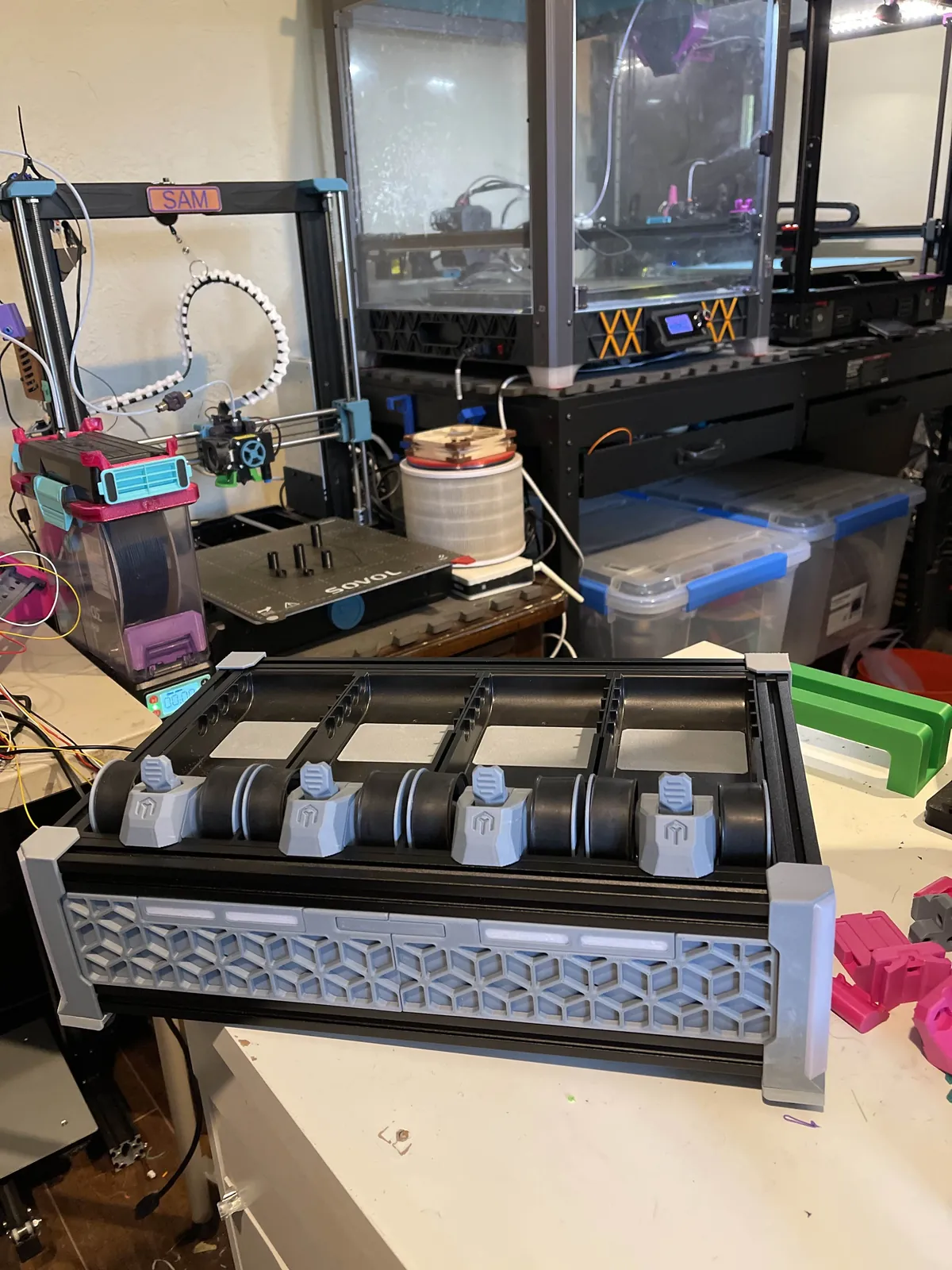 Looking down at the spool lanes and printed guides on the assembled frame.