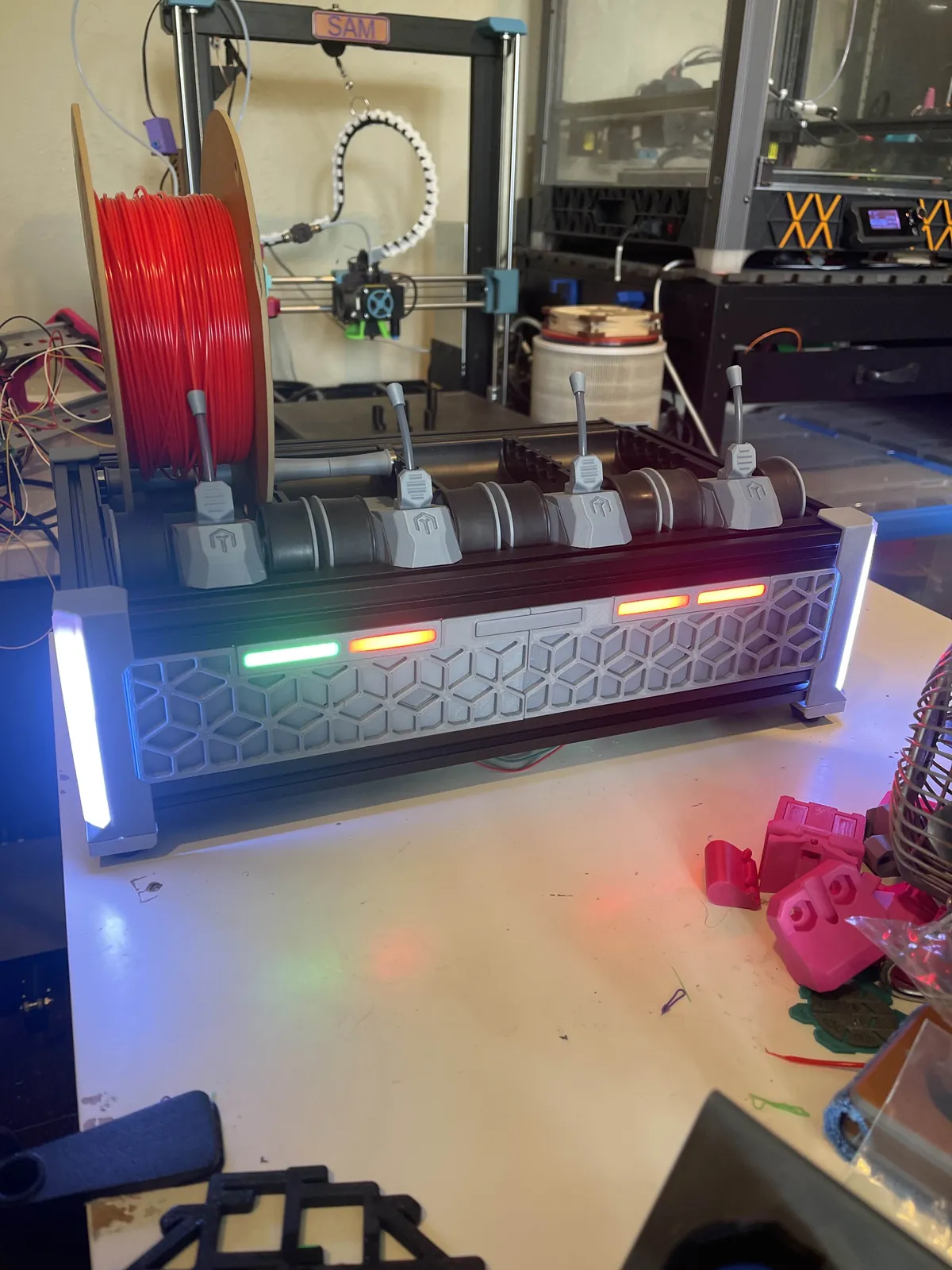The assembled Gray Shell with spools loaded and the front lighting on.