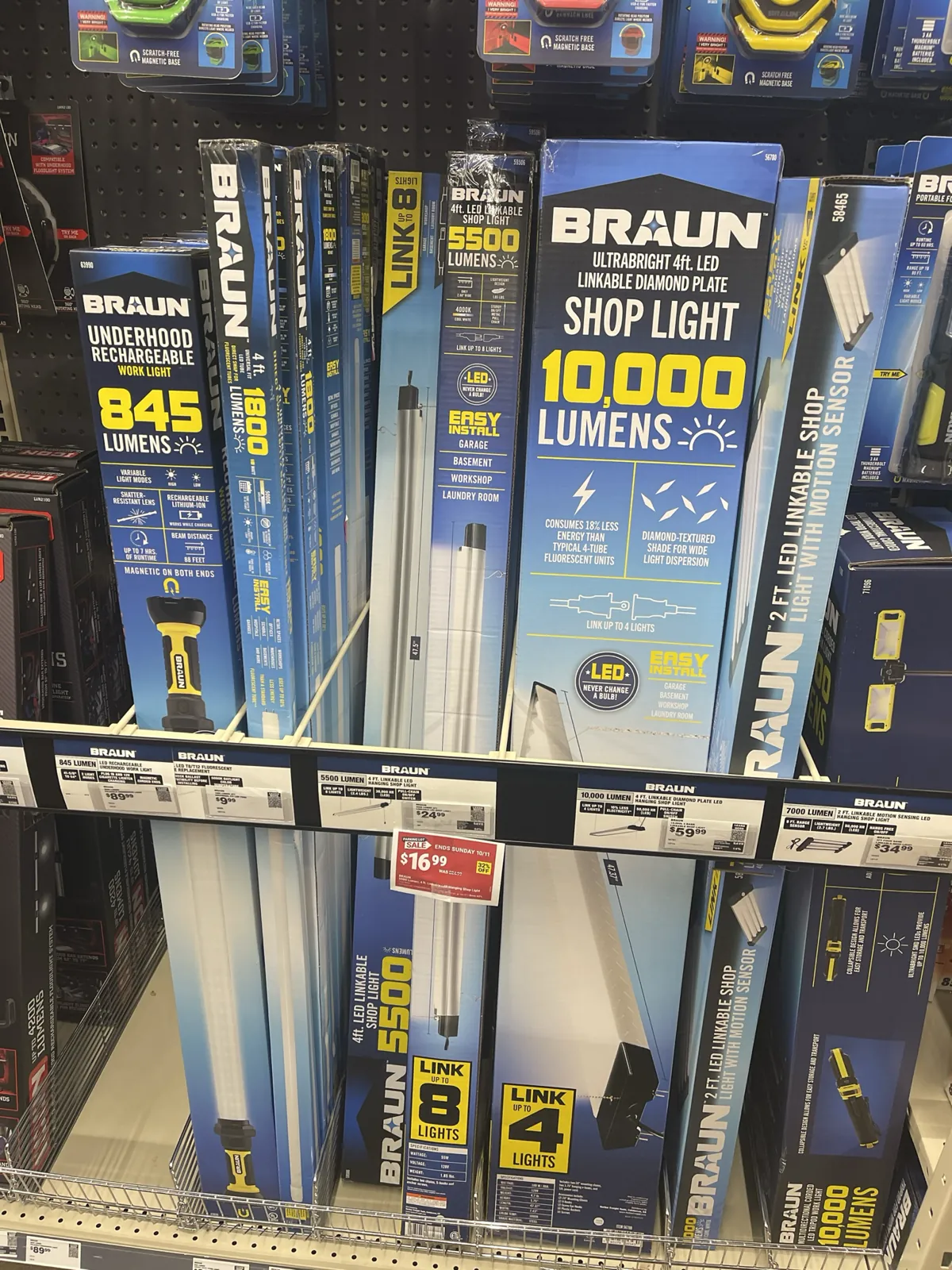 The Braun lights on the store shelf. The 5500 lumen, 4 ft linkable shop light is the one I picked.