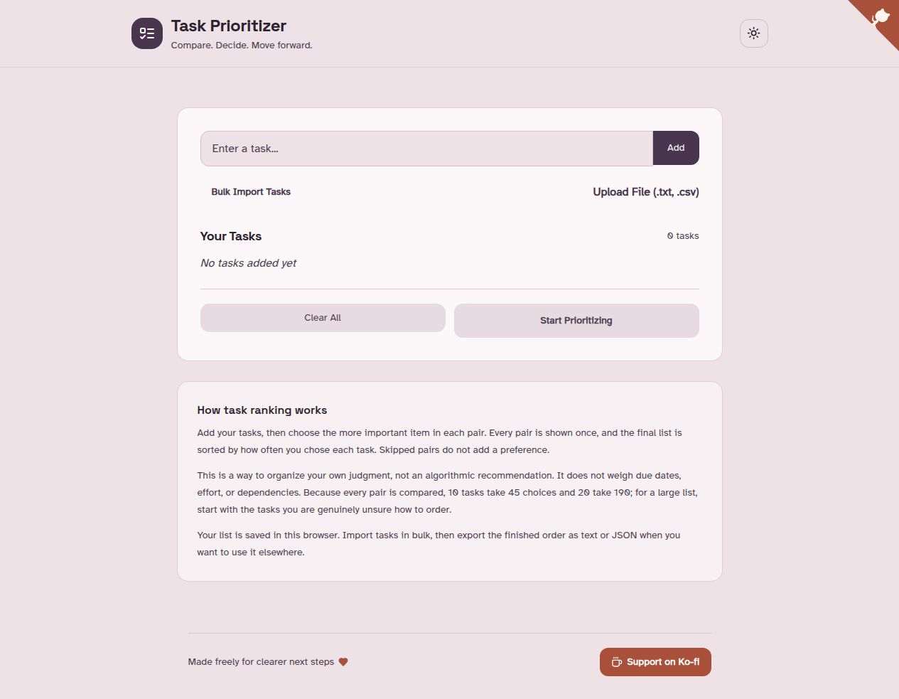 Task Prioritizer’s current light-mode interface, showing the empty task list, import controls, and ranking guidance. Captured October 15, 2026.