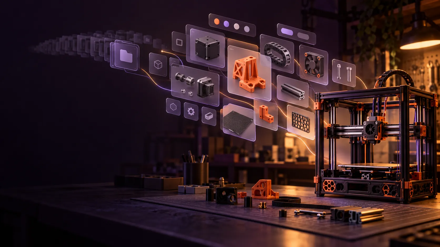AI-generated concept illustration of the hub's job: putting a browsable layer between a large community catalog and a specific printer build.