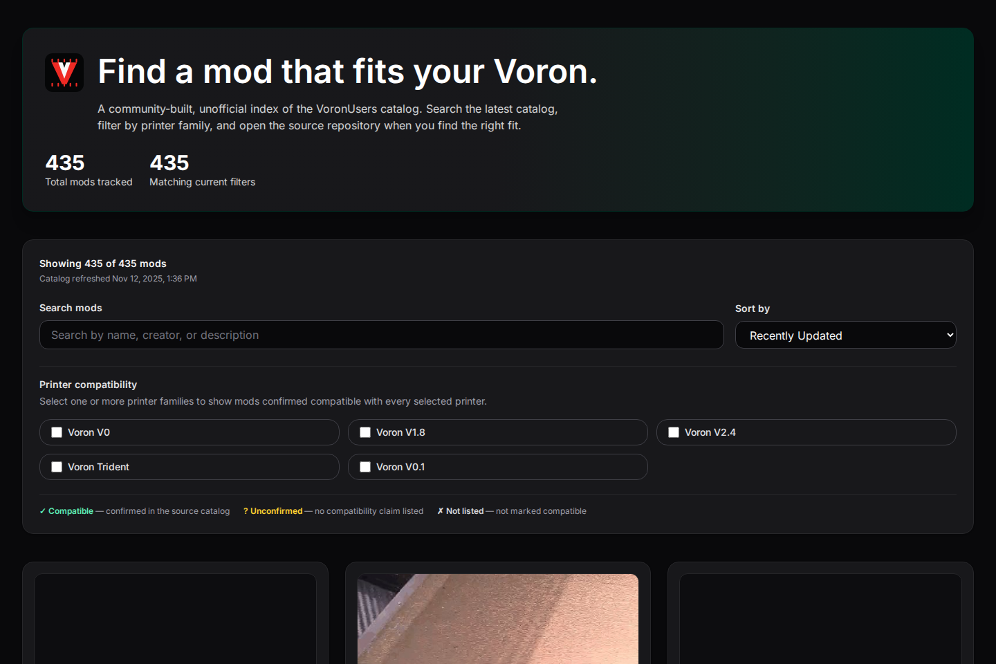 Voron Mod Hub's catalog interface, with search, sorting, printer-family filters, and mod previews in one place.